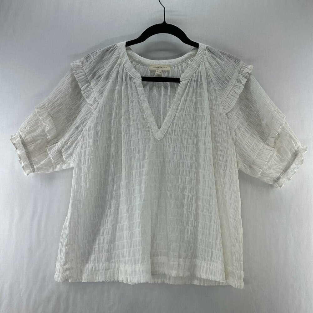 Grade & Gather Blouse Womens M Textured Cotton Ruffle Sleeve V-Neck Gauze White